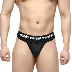 Black metromalewear prado thong 5122-20 with sleek form-fitting design and white branded waistband visible from back side