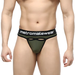 Olive green thong with black trim and branded waistband from metromalewear prado thong green 5122-26 showing front view
