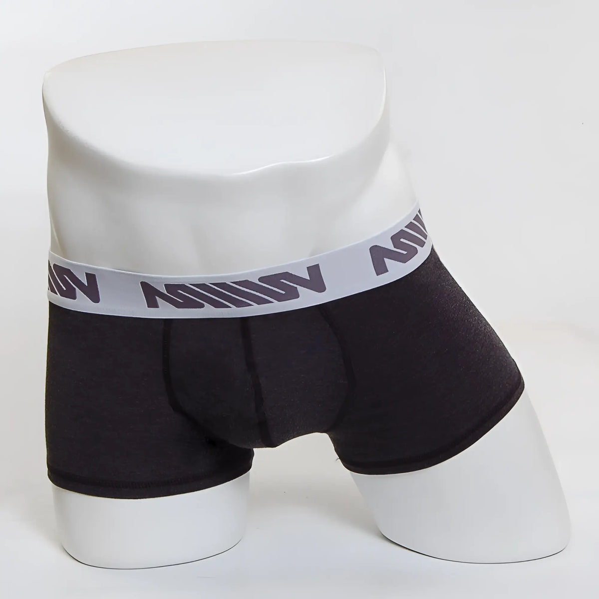 Black men’s boxer briefs with gray waistband and million logo in dark lettering from metromalewear premium padded heather