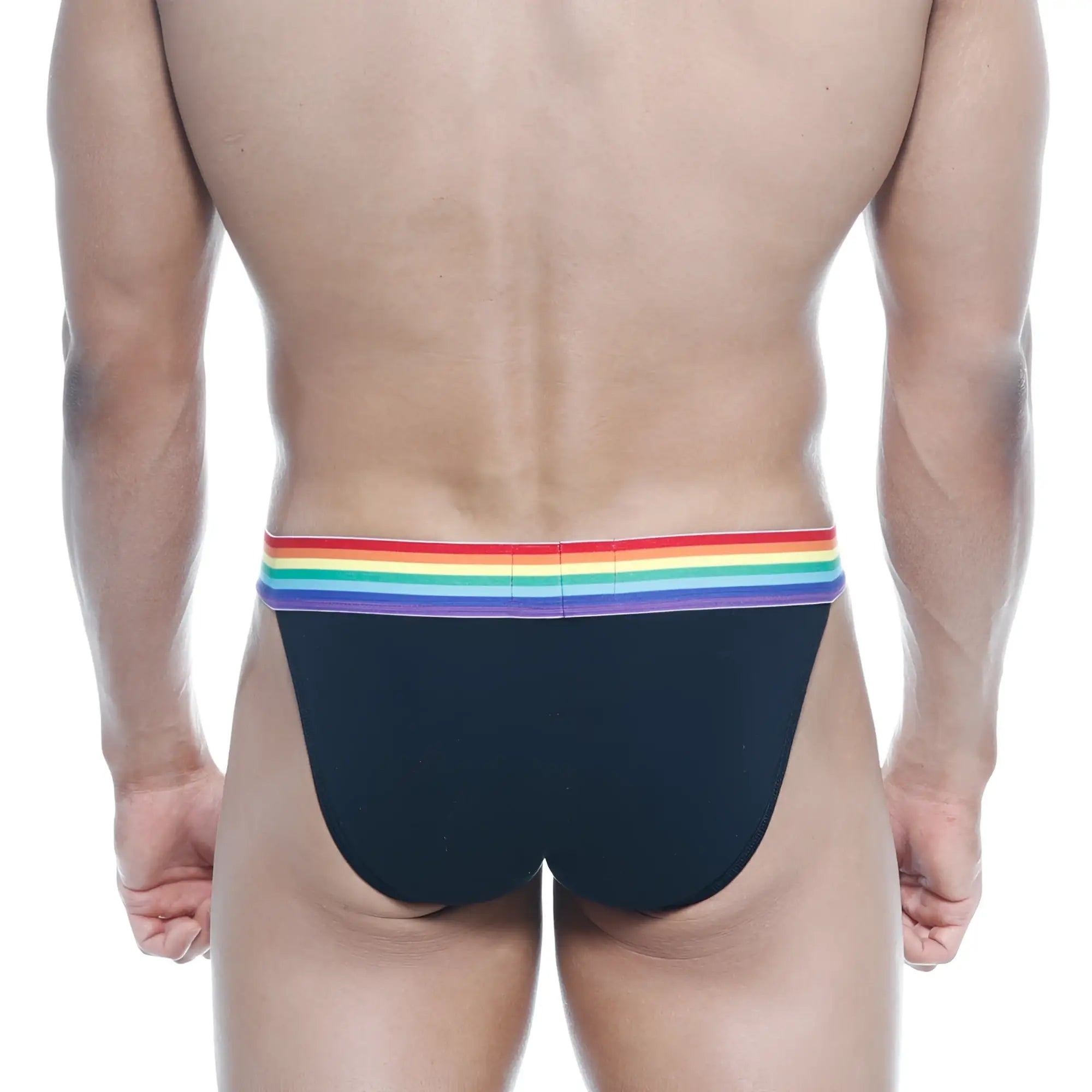 Black briefs with rainbow-striped elastic waistband metroMalewear pride bikini black 3004-R20 front view