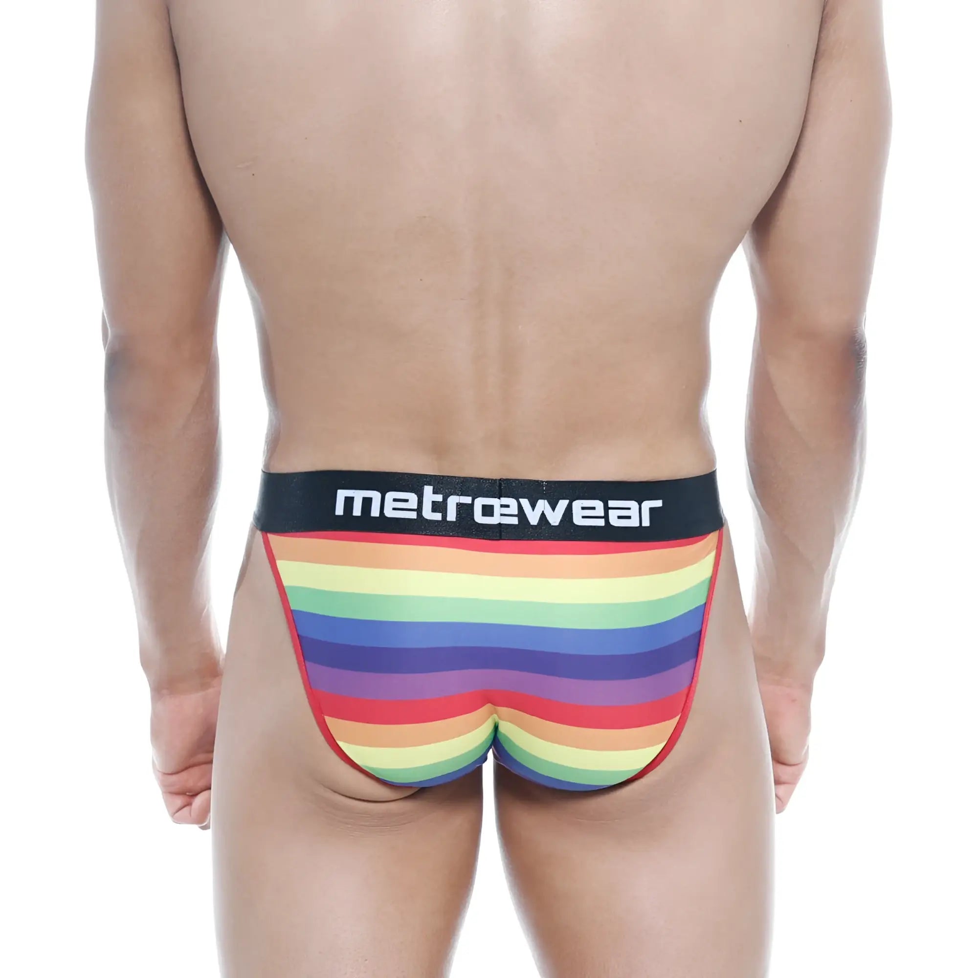 MetroMaleWear pride bikini rainbow 3004-16 striped men’s briefs with black waistband and white metrowear logo