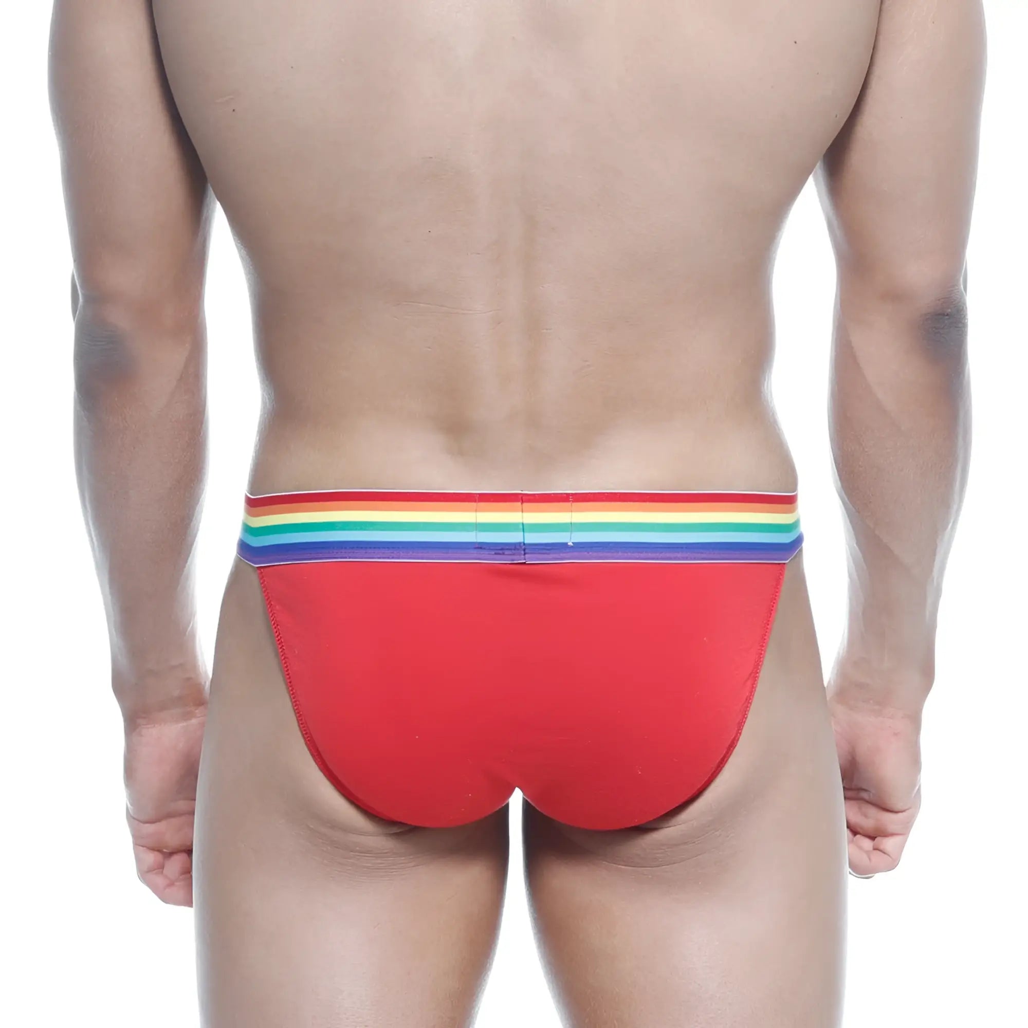 Red briefs with a rainbow-striped waistband from metromalewear pride bikini red 3004-r12 collection