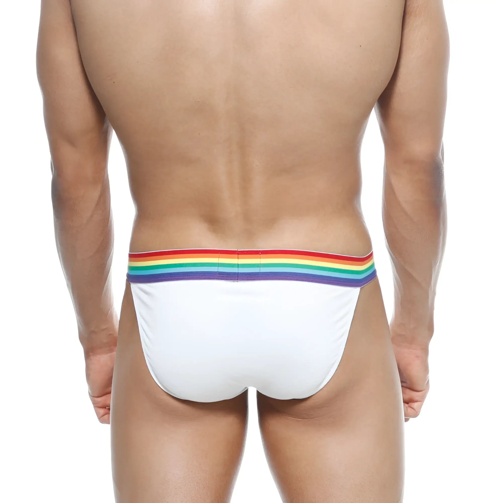 White briefs with rainbow-colored elastic waistband from metromalewear pride bikini white 3004-r00 collection