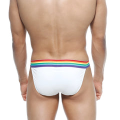 White briefs with rainbow-colored elastic waistband from metromalewear pride bikini white 3004-r00 collection