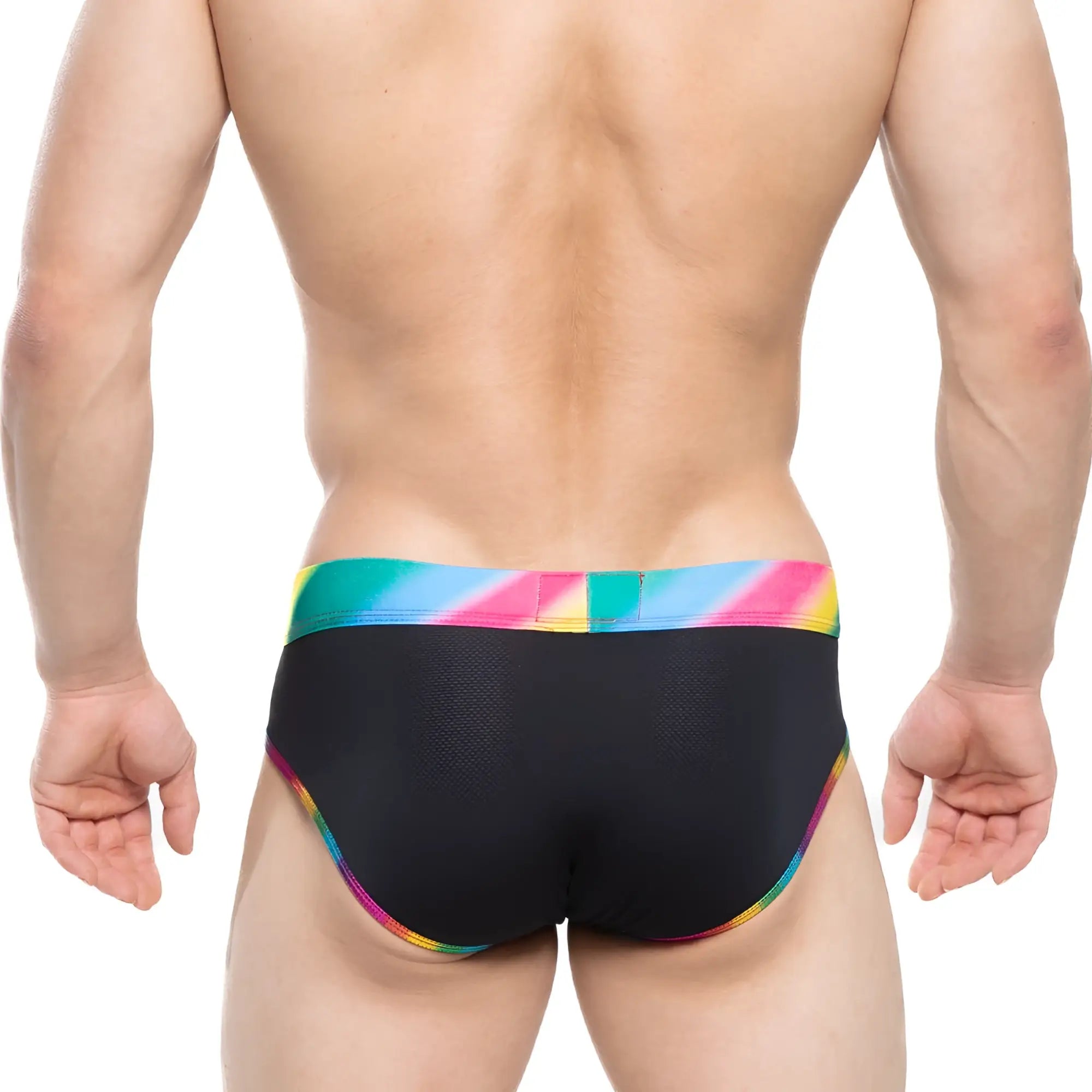 MetroMaleWear pride brief black swim trunks with vibrant rainbow-striped waistband and trim for inclusive beachwear