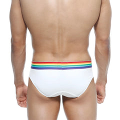 White briefs by MetroMaleWear pride brief white 5006-R00 featuring a vibrant rainbow waistband stripe