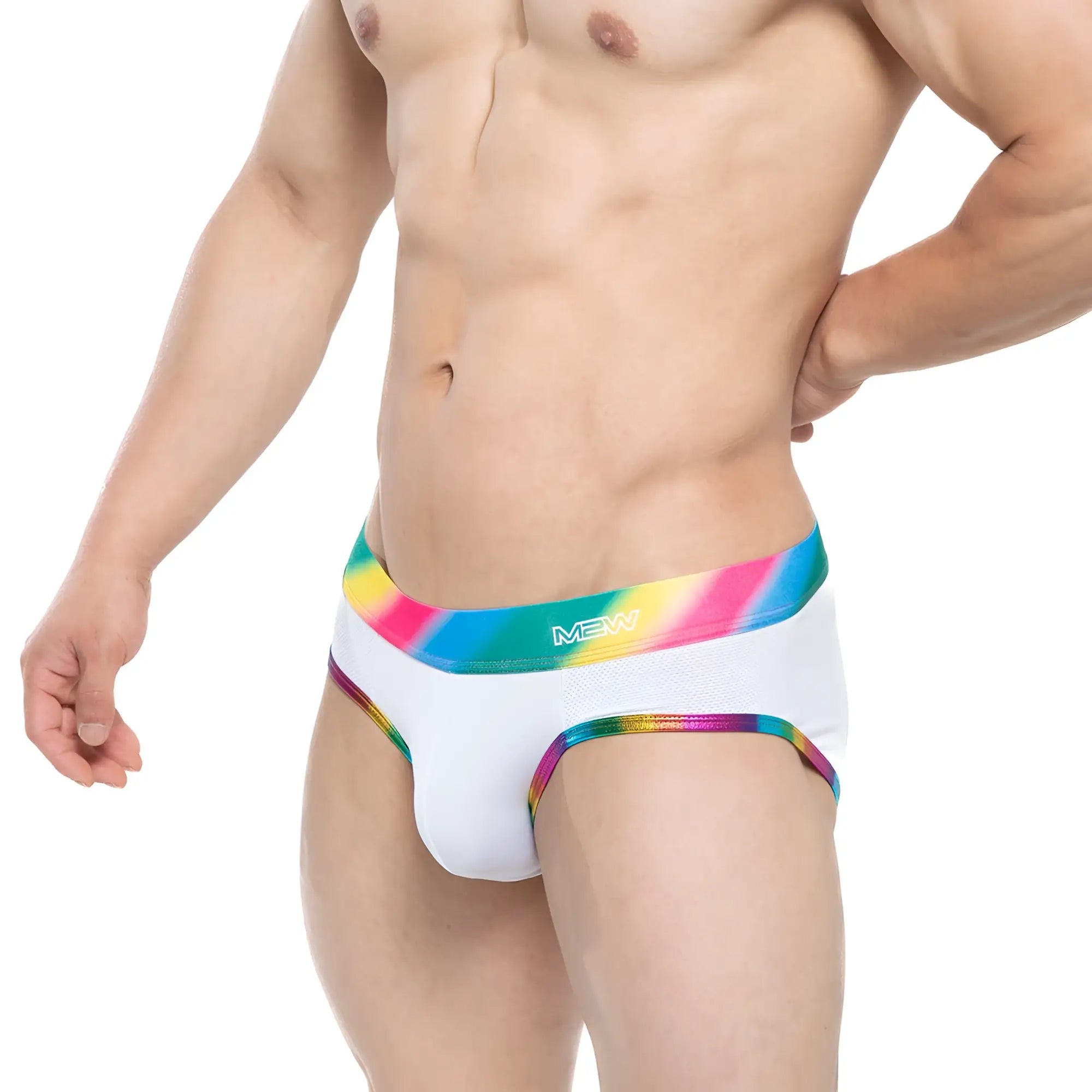 White mens briefs metro malewear pride brief 5203-57 with vibrant rainbow-striped elastic waistband and mew logo