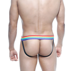 MetroMaleWear pride jock strap black 3001-r20 with rainbow-striped elastic waistband and black suspenders shown from back