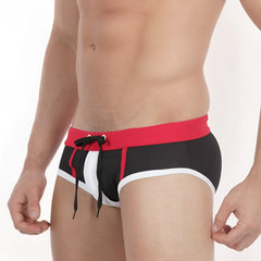MetroMaleWear Pride swim brief 4916-78 in black and red with white trim and drawstring waistband