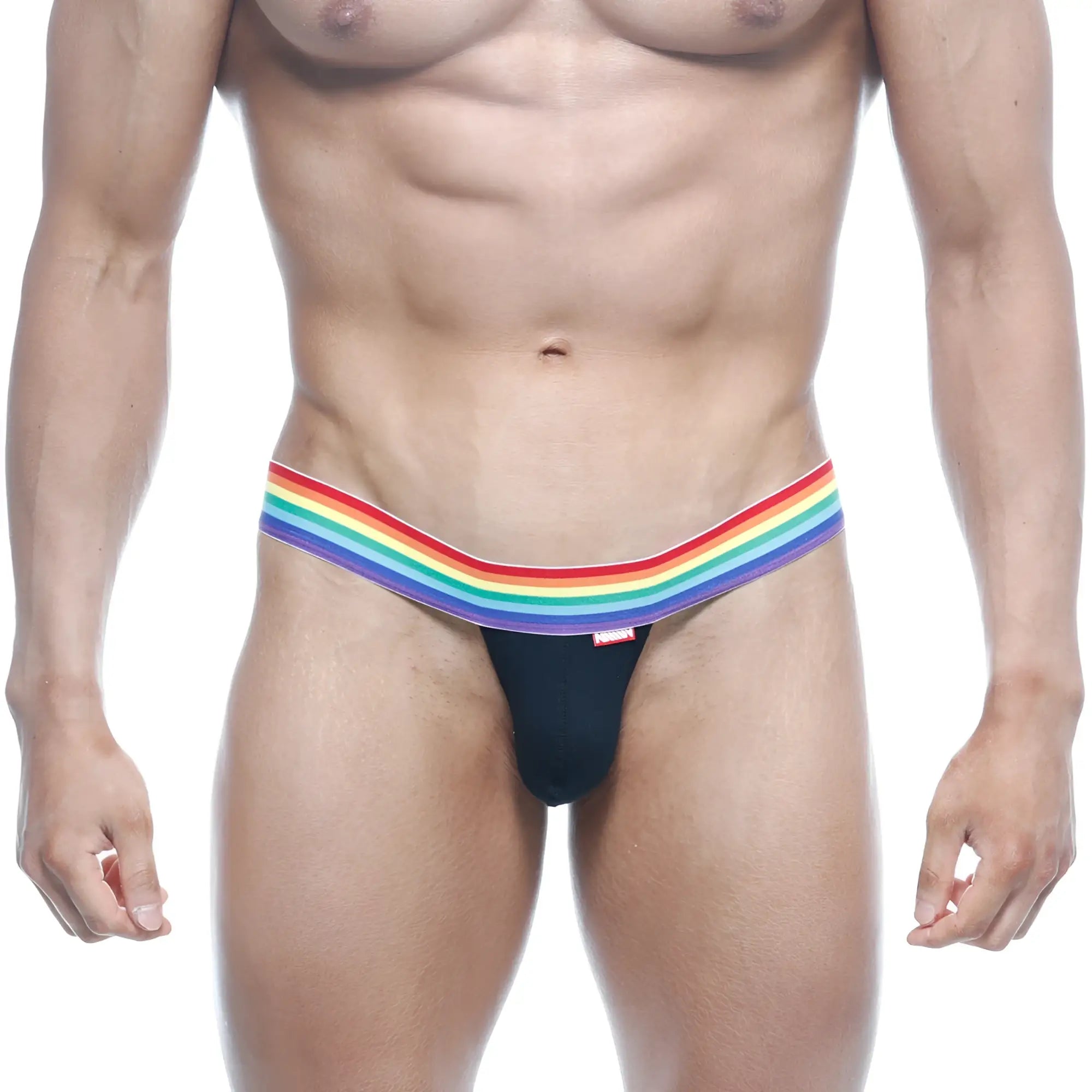 Black thong with a rainbow-striped waistband from MetroMaleWear Pride collection showcasing bold pride colors