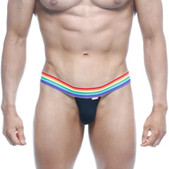 Black thong with a rainbow-striped waistband from MetroMaleWear Pride collection showcasing bold pride colors
