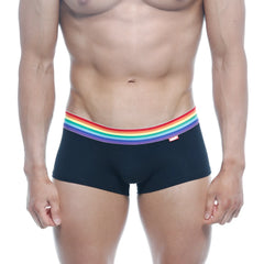 Black MetroMaleWear Pride trunk briefs with vibrant rainbow-striped waistband for comfortable everyday wear