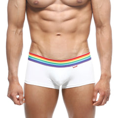 White briefs with a rainbow-striped elastic waistband from MetroMaleWear pride trunk 2026-R00 collection