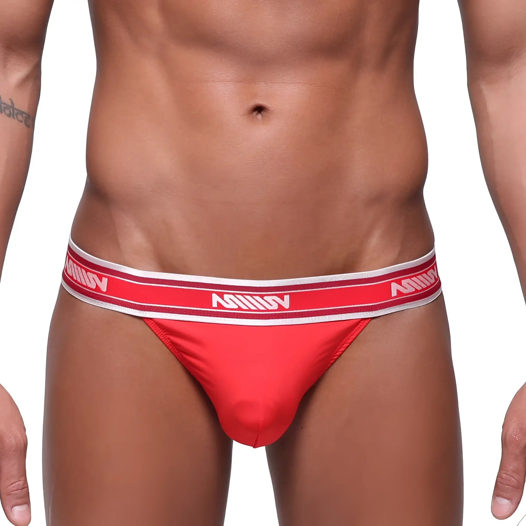 Red mens briefs metro malewear prieto thong with white elastic waistband featuring milan branding in red