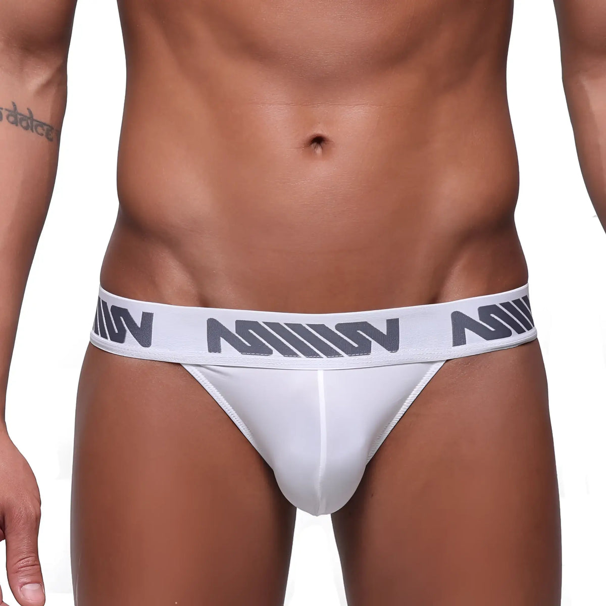 Metro malewear prieto thong white men’s briefs with a gray m logo waistband shown from the back side