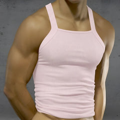 MetroMaleWear Primo pink tank top ribbed cotton fabric square neckline thin straps casual summer wear