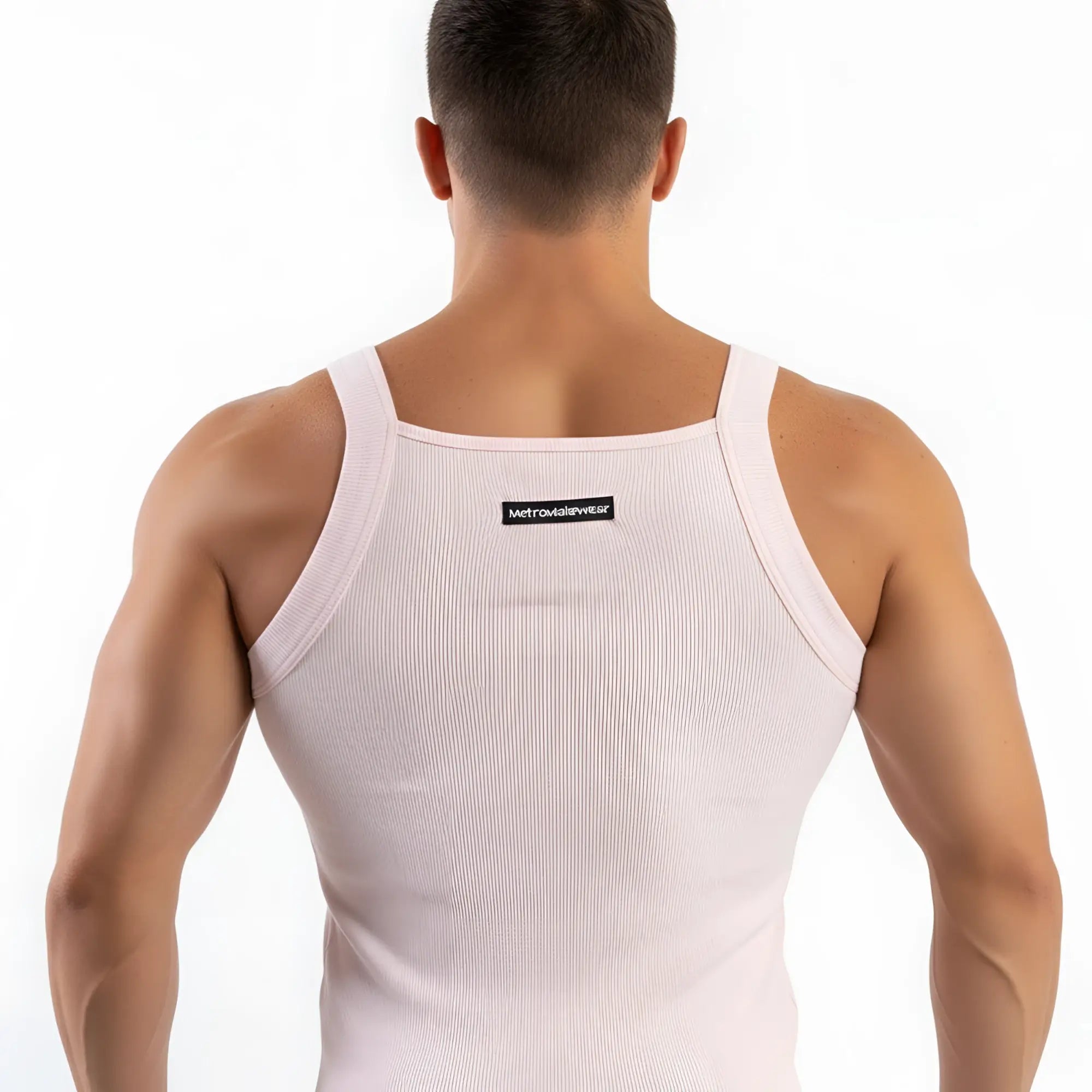 MetroMaleWear Primo pink tank top 3125-02 white ribbed fabric thin straps back view with small black label