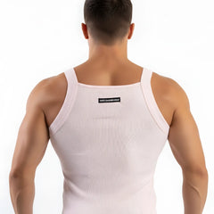 MetroMaleWear Primo pink tank top 3125-02 white ribbed fabric thin straps back view with small black label