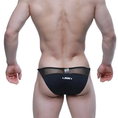 MetroMaleWear Prodigy Bikini Gloss 6504-72 black mesh briefs with sleek form-fitting design and subtle white logo detailing