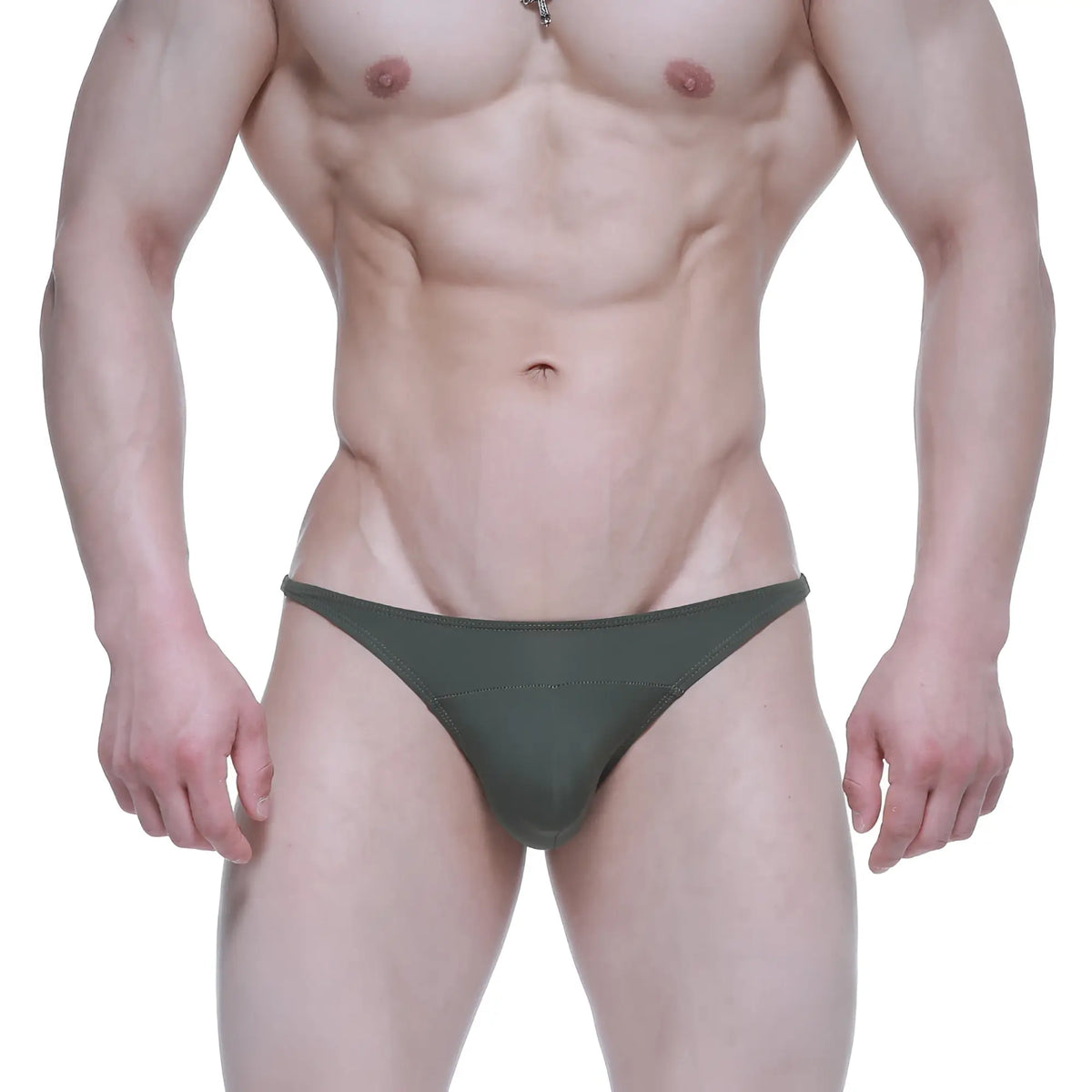 Olive green metro malewear prodigy bikini briefs with sleek form-fitting design for athletic use