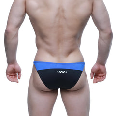 Back side of blue and black MetroMaleWear Prodigy Bikini royal 6504-18 swim trunks with white logo