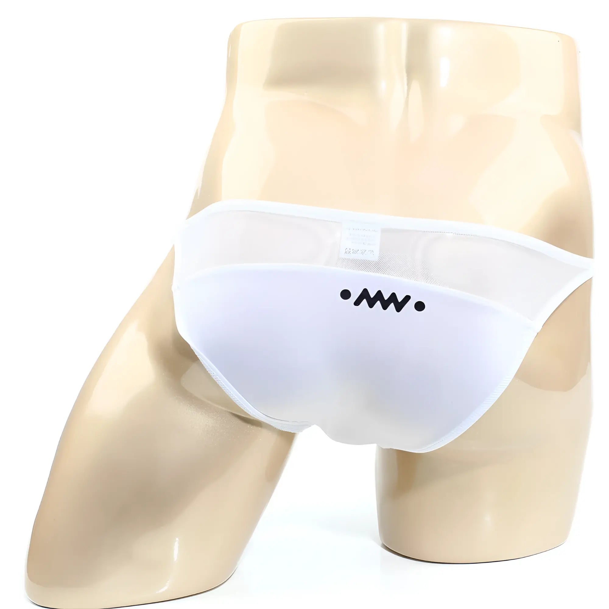 White mesh metroMalewear prodigy bikini briefs with black embroidered logo on the front