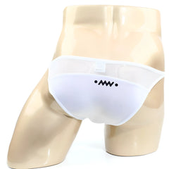 White mesh metroMalewear prodigy bikini briefs with black embroidered logo on the front