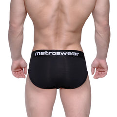 Black metrowear profile hip briefs with a white logo waistband designed for comfortable everyday wear