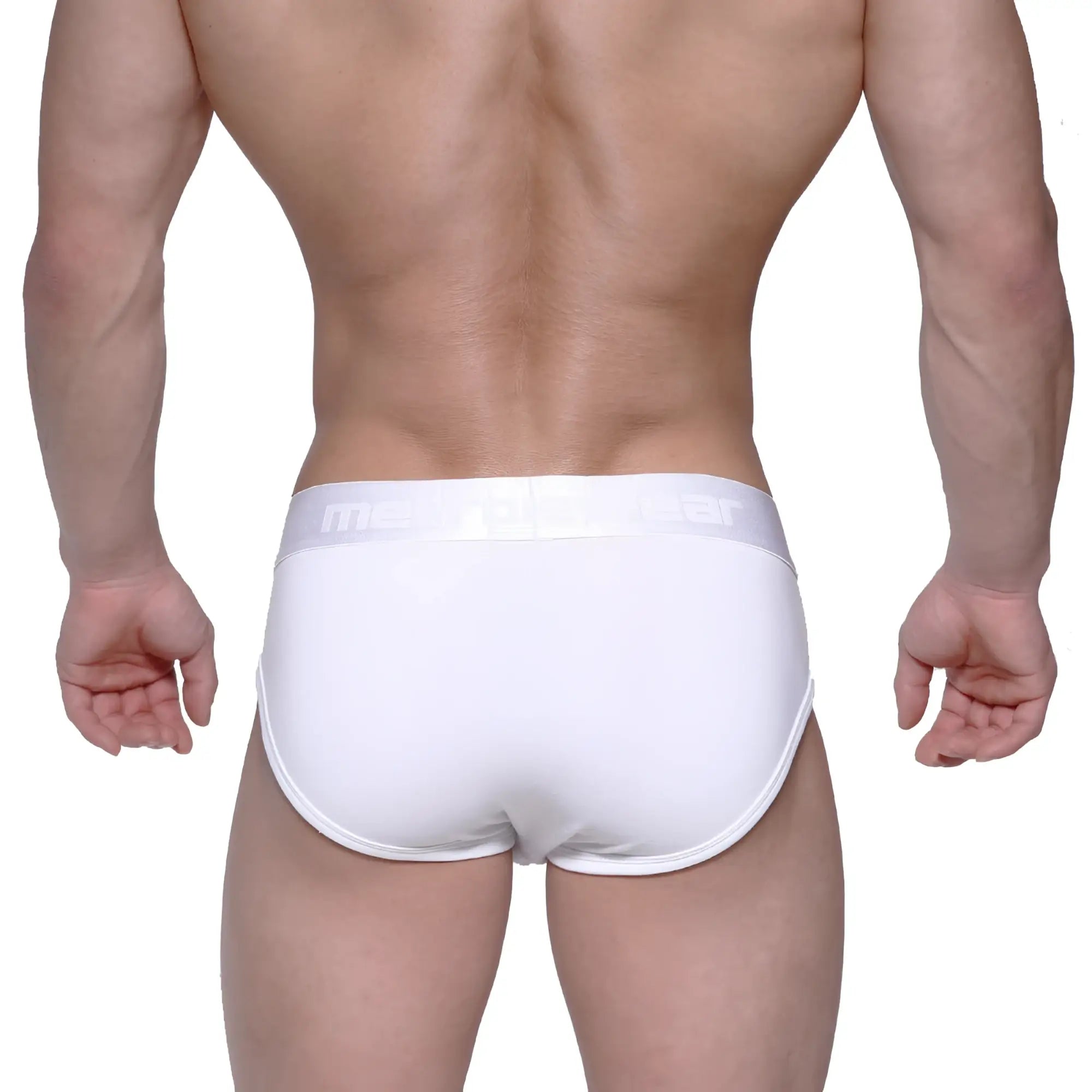 MetroMaleWear profile hip brief white with subtle elastic waistband featuring mens brand name in light gray lettering
