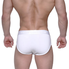 MetroMaleWear profile hip brief white with subtle elastic waistband featuring mens brand name in light gray lettering