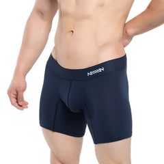 Navy blue men’s boxer briefs with a white logo waistband metroMaleWear profundo mid boxer 10인치 3023-29