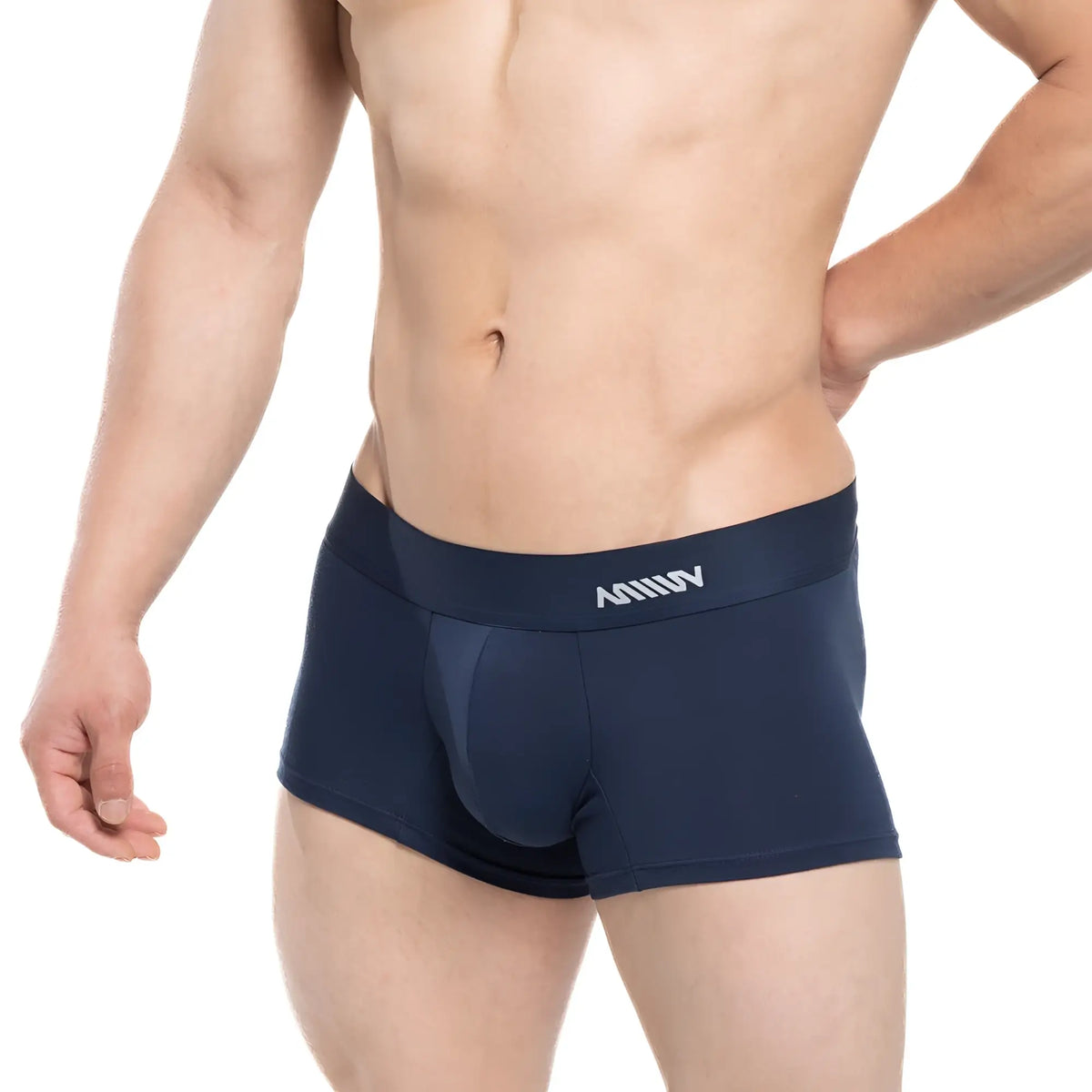 Navy blue MetroMaleWear Profundo short boxer briefs with supportive pouch and white logo waistband for comfort