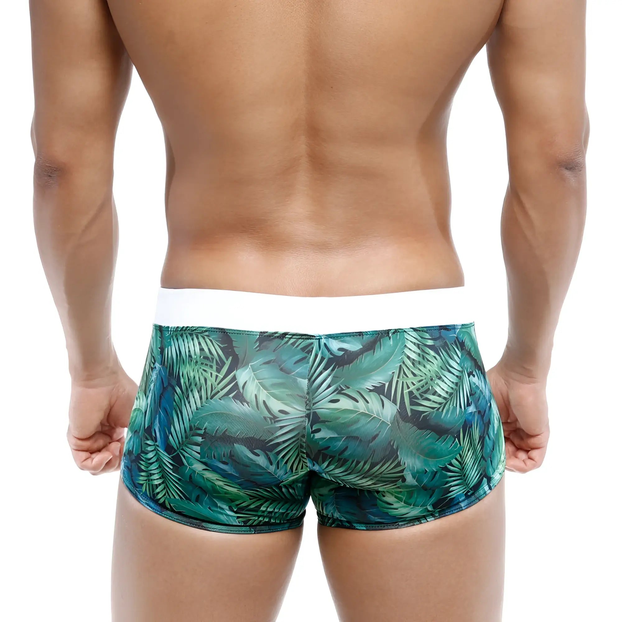 MetroMaleWear Profundo swim boxer briefs in green tropical leaf pattern with white waistband for men’s swimwear
