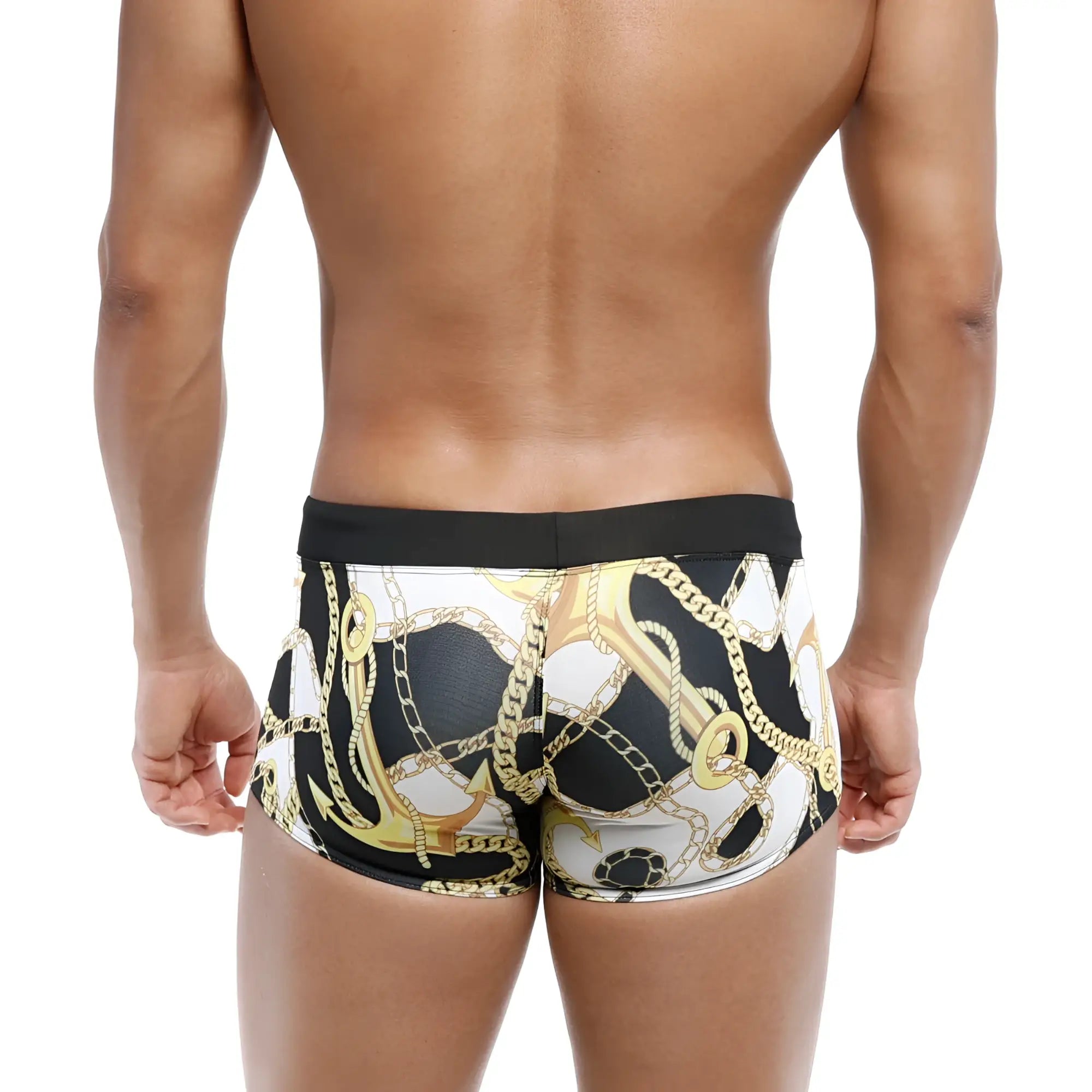 MetroMaleWear Profundo swim boxer briefs in black and white featuring a bold gold anchor and chain pattern