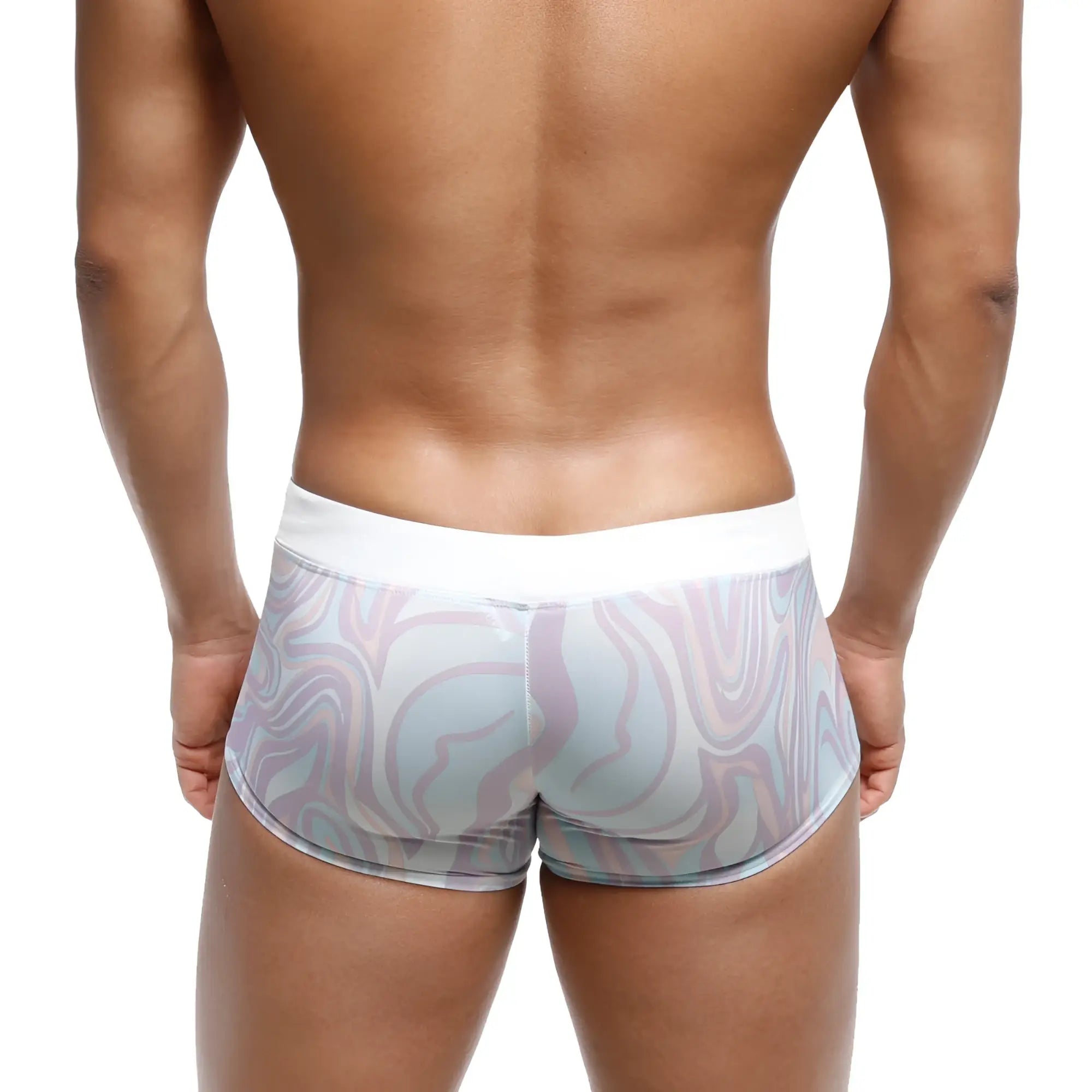 MetroMaleWear Profundo swim boxer briefs with white waistband and pastel lavender and blue abstract swirl pattern