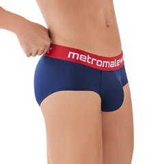Navy blue mens briefs with red waistband featuring metromale logo in white from MetroMaleWear Prostretch Hip Brief 5003-29