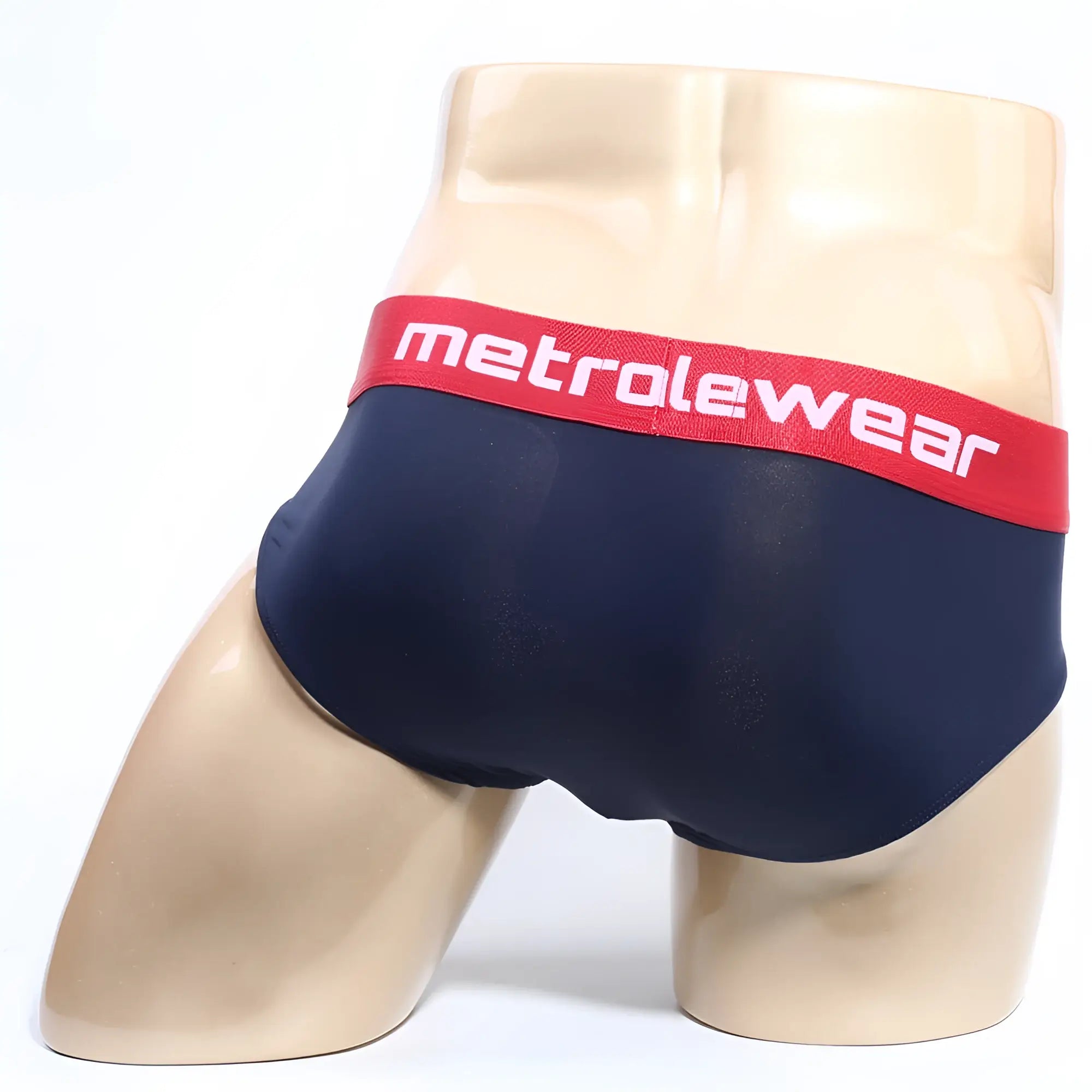 Navy blue metroMalewear prostretch hip briefs with red waistband and white logo for comfortable everyday wear