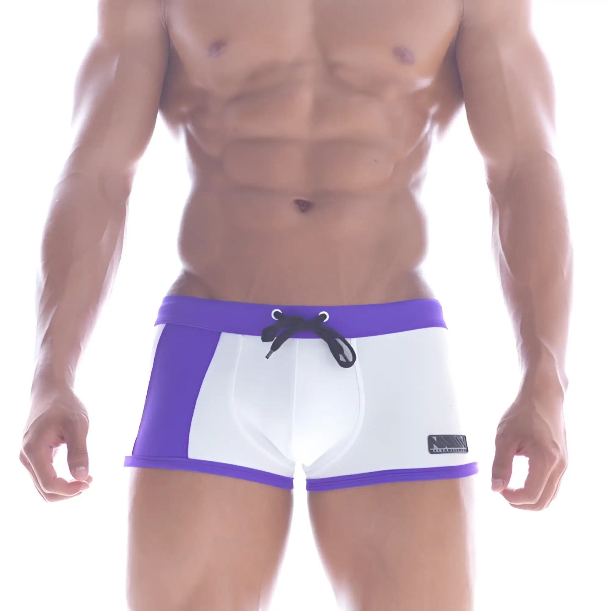 Purple and white MetroMaleWear Provence swim boxer 4926-00 with black drawstring waistband for swimming and beachwear