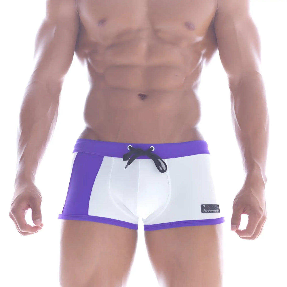 MetroMaleWear Provence swim boxer 4926-00 purple and white swim trunks with black drawstring waistband