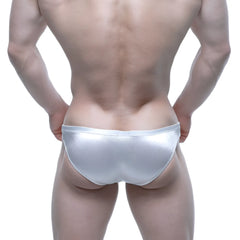 Shiny silver metallic briefs metro malewear puente bikini avalanche 3603-74 front view showcasing sleek design