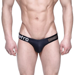 Black men’s briefs metro male wear puente bikini with black mesh panel and white metro branding on waistband
