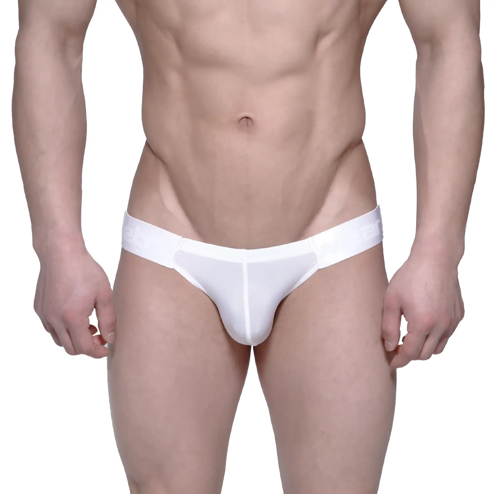 White form-fitting seamless men’s briefs with subtle branding on the waistband MetroMaleWear Puente Bikini Crystal 3603-03