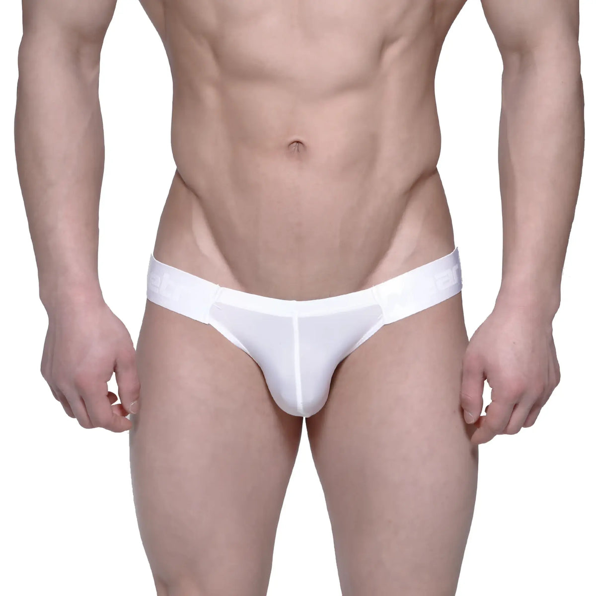 White form-fitting seamless men’s briefs with subtle branding on the waistband MetroMaleWear Puente Bikini Crystal 3603-03