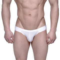 White form-fitting seamless men’s briefs with subtle branding on the waistband MetroMaleWear Puente Bikini Crystal 3603-03