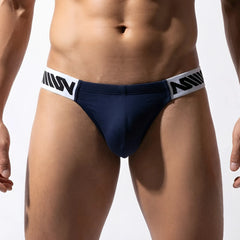 MetroMaleWear Puente Bikini dark blue briefs with white elastic waistband black diagonal stripes and brand logo