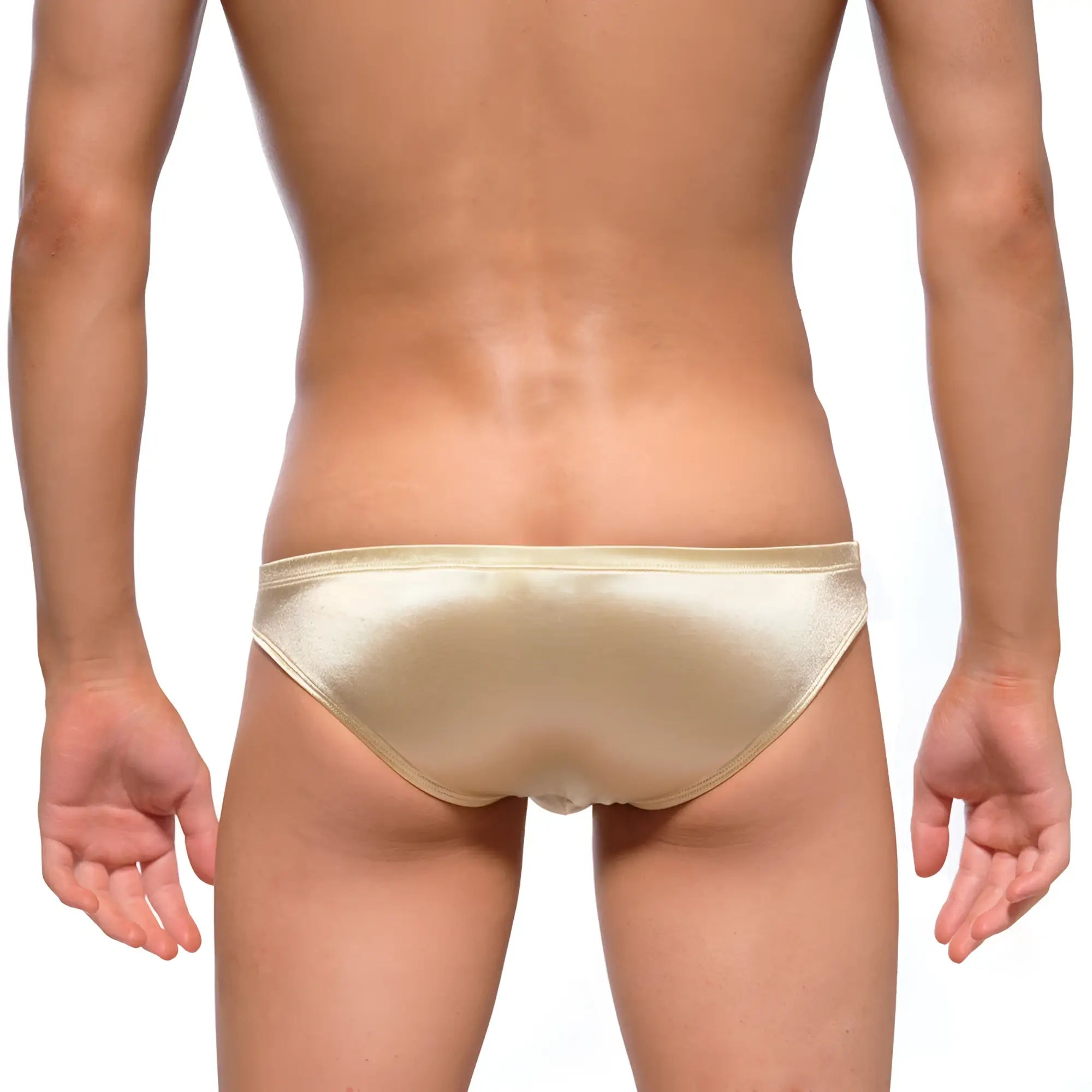 MetroMaleWear Puente bikini lujos 3603-22 a sleek metallic gold satin brief with smooth shiny finish and clean stitching