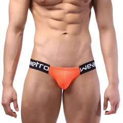 Bright orange mesh metro male wear puente bikini briefs with black waistbands and white metro wear branding