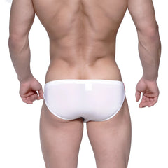 White form-fitting swim trunks with smooth stretchy mesh fabric and subtle back seam detail metroMalewear puente bikini
