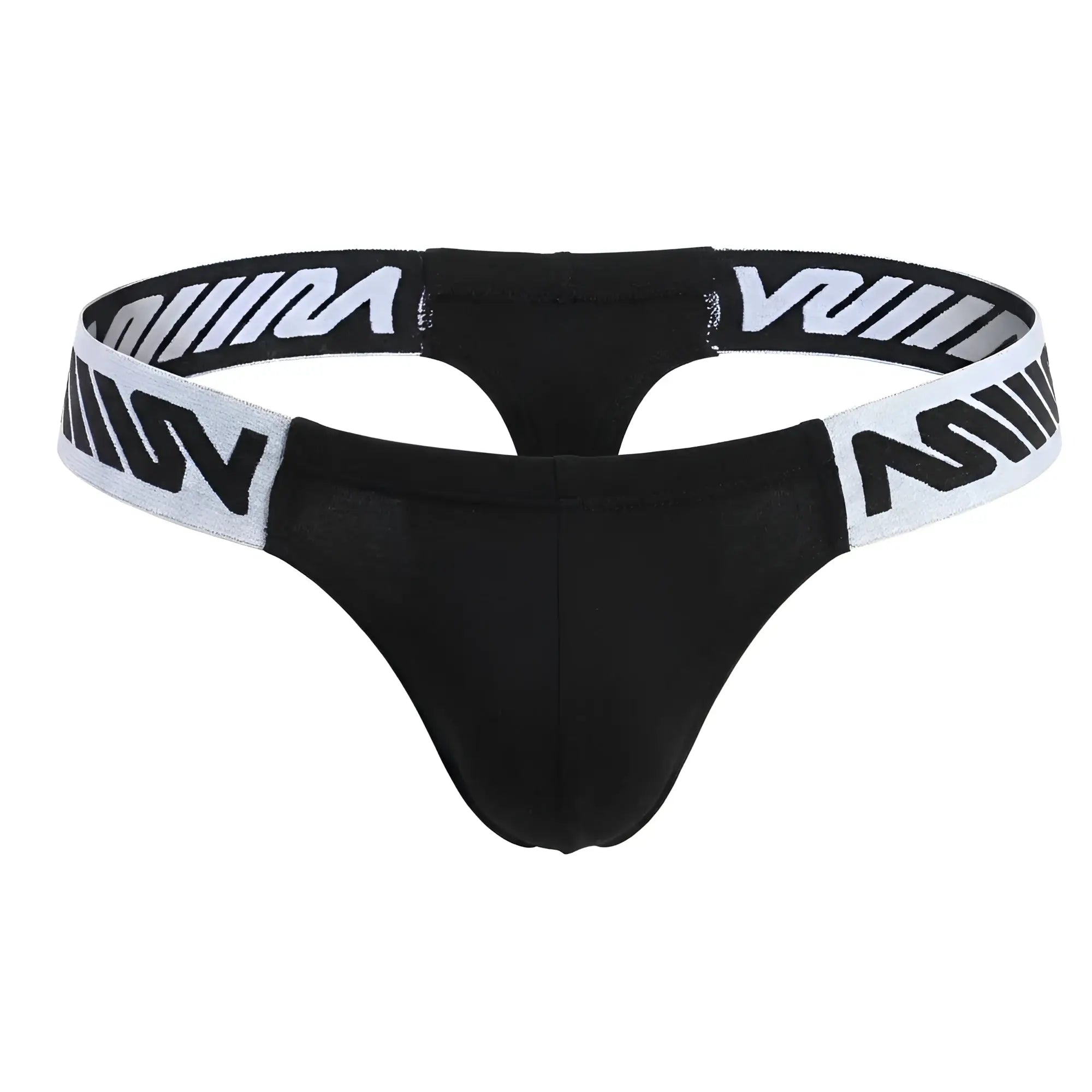 MetroMalewear puente thong black with white elastic waistband featuring bold black v logos shown from the back side