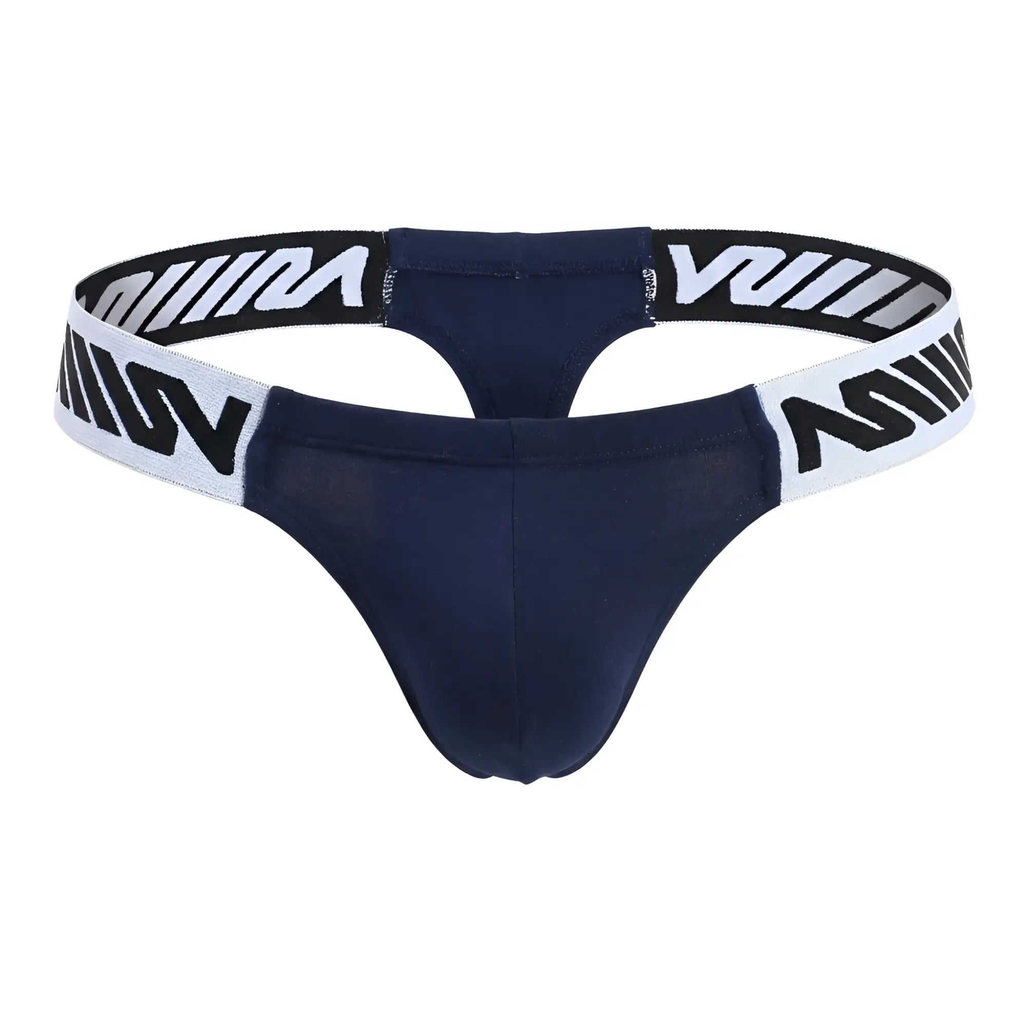 Navy blue MetroMaleWear Puente thong with white elastic waistband featuring bold black w logos front view